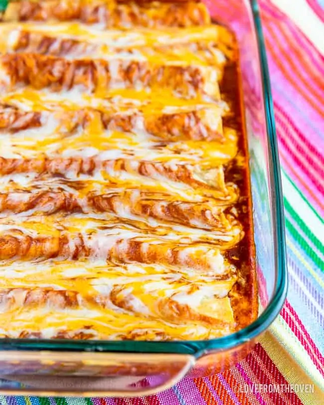 Close up of cheese enchiladas in glass baking pan
