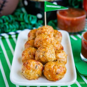 Plate with stack of chicken parm meatballs