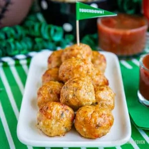 Plate with stack of chicken parm meatballs