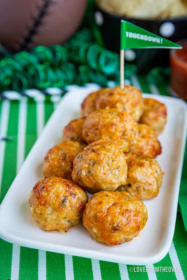 Plate with pile of chicken parm meatballs