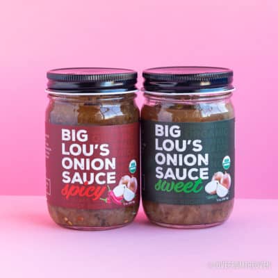Two jars of Big Lou\'s onion sauce, one spicy and one sweet