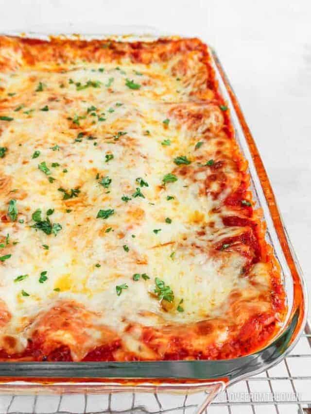 Cheese lasagna in glass baking pan