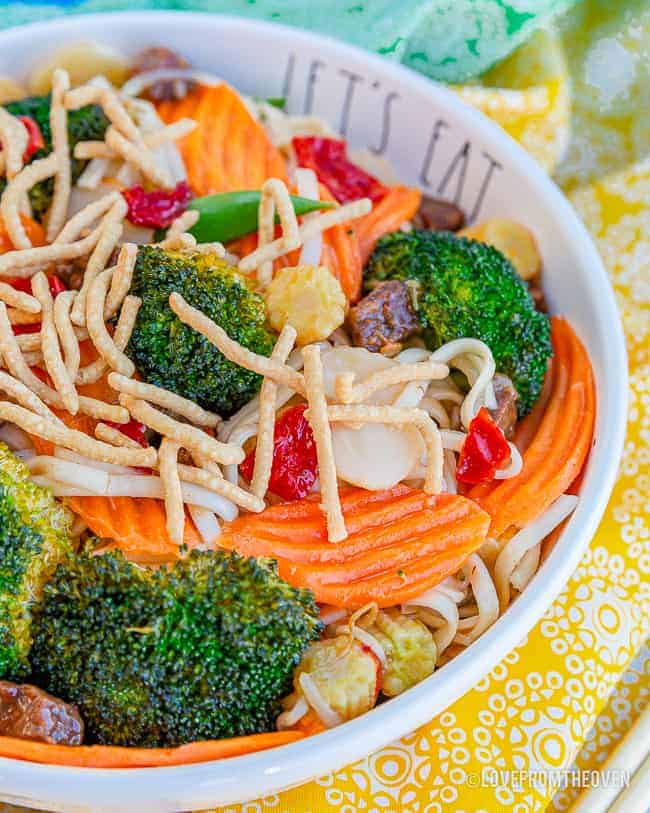 Close up of a bowl of chow mein