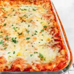 Cheese lasagna in glass baking pan