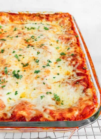 Cheese lasagna in glass baking pan