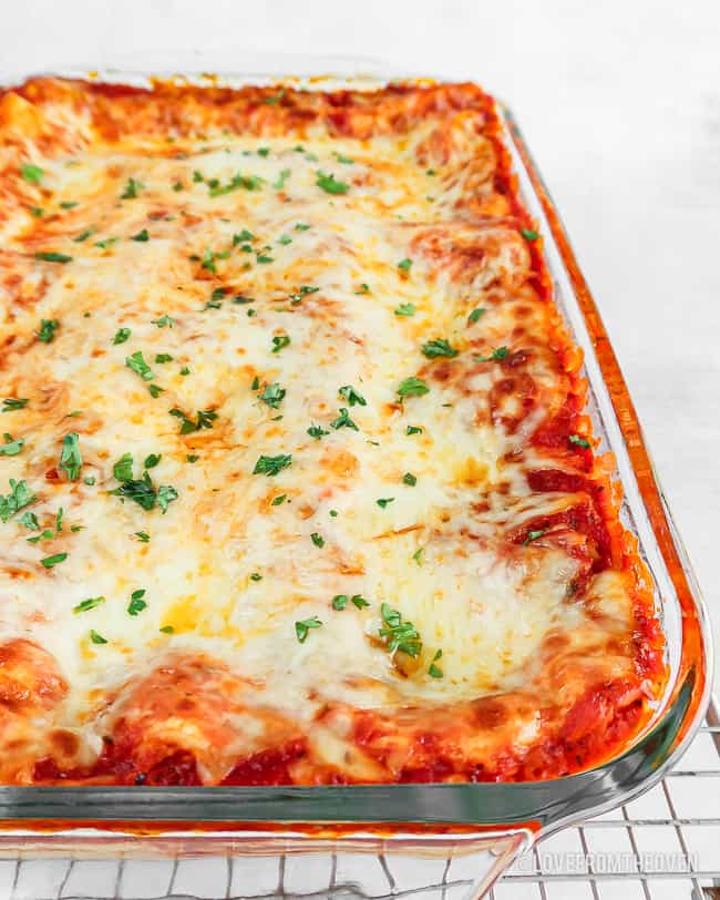 Cheese lasagna in glass baking pan