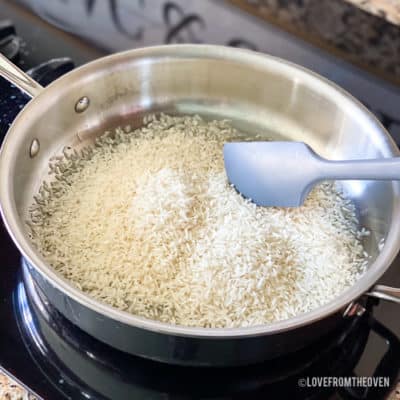 Rice in stainless steel pan