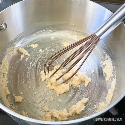 Raw ingredients for enchilada sauce in stainless steel pot