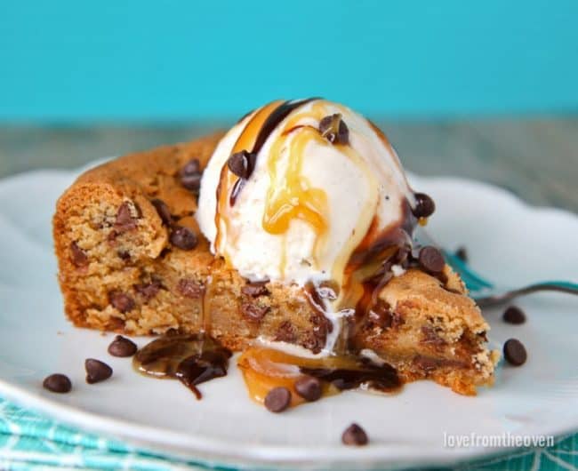 A slice of Chocolate chip cookie pie with ice cream