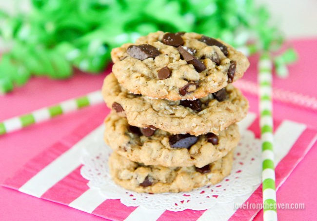 a stack of oatmeal chocolate chip cookies