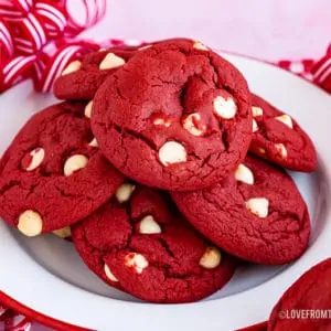 Stack of red velvet cookies on a plate