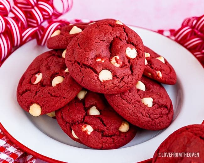 Stack of red velvet cookies on a plate