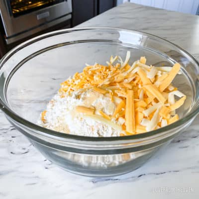 A bowl of ingredients for Cheddar bay biscuits