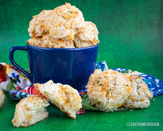 Stacks of Cheddar bay biscuits