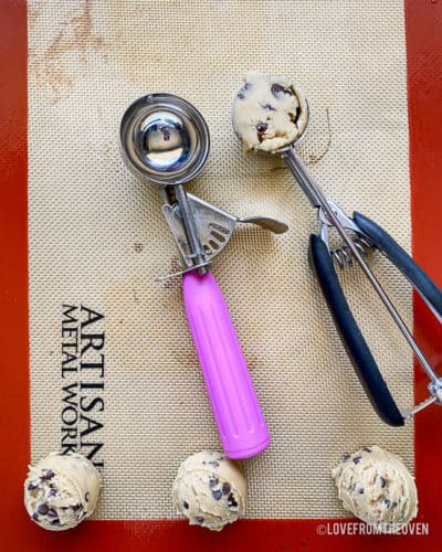 Cookie dough scoops on a baking sheet