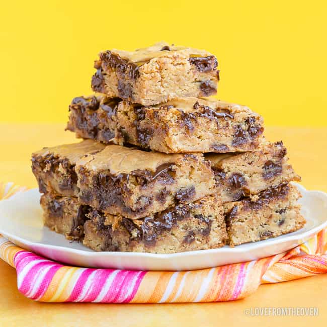 a stack of chocolate chip cookie bars