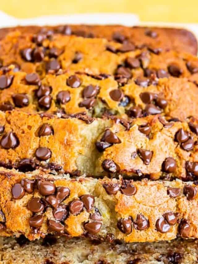 Close up of several slices of chocolate chip banana bread