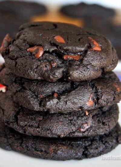 Four pieces of double chocolate cookies stacked together
