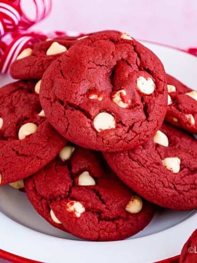Stack of red velvet cookies on a plate