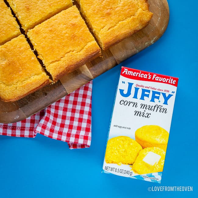 Sliced cornbread and Jiffy corn muffin mix