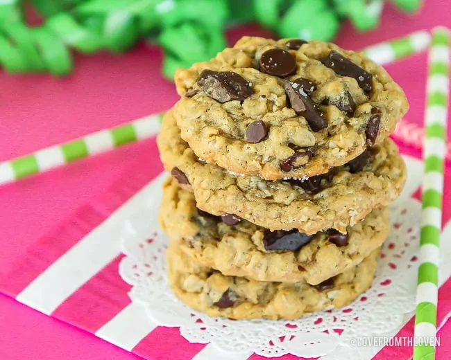 a stack of oatmeal chocolate chip cookies