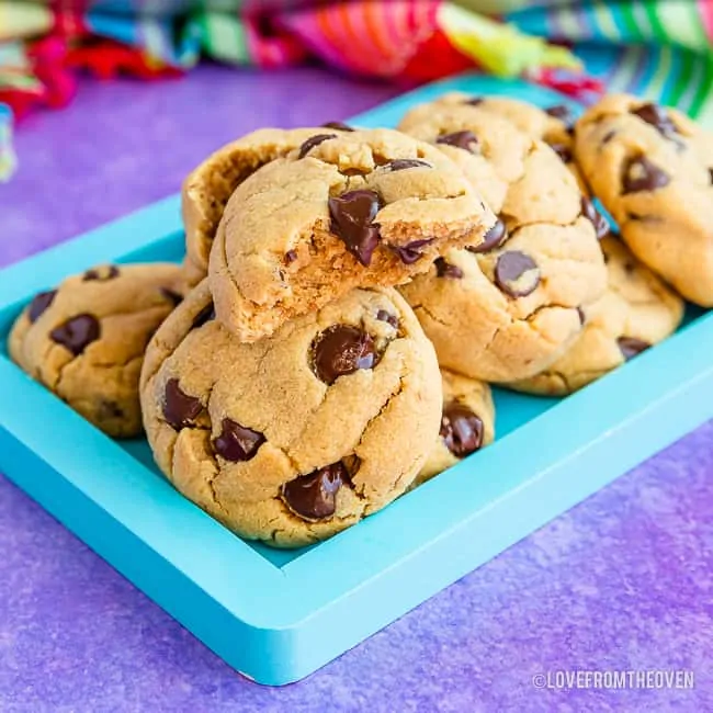A pile of chocolate chip peanut butter cookies