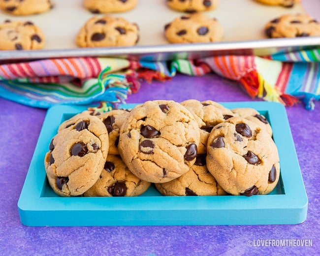 A stack of chocolate chip peanut butter cookies