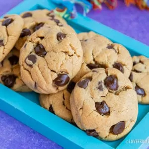 a pile of chocolate chip peanut butter cookies