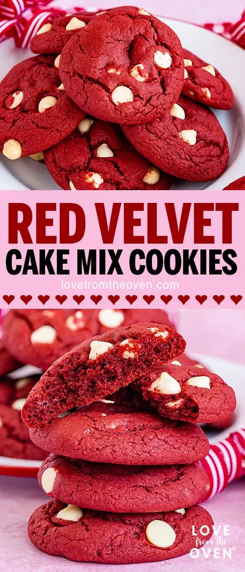 Several photos of red velvet cookies with white chocolate chips