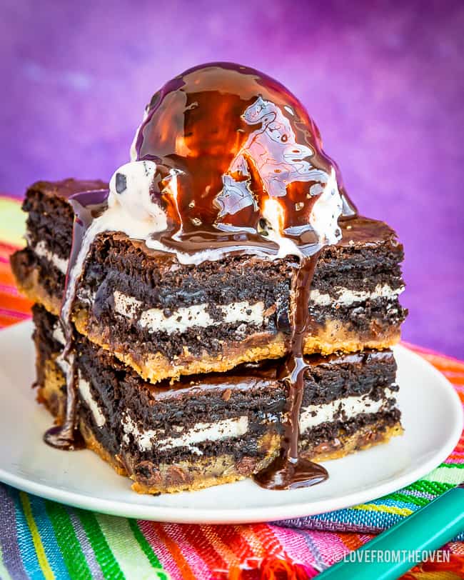 Brownies on a plate topped with ice cream and chocolate sauce