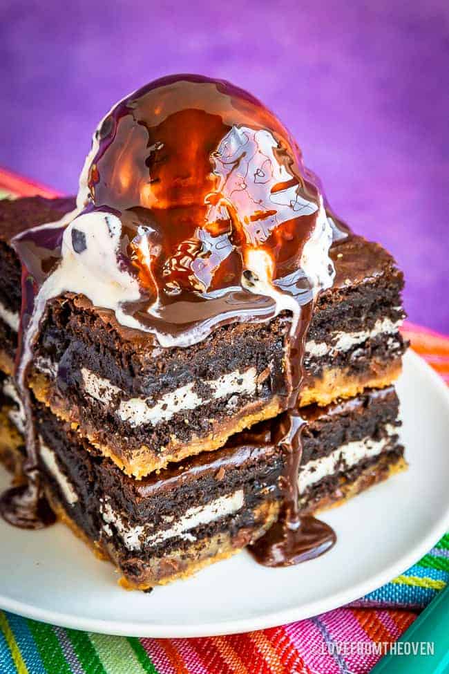 Brownies on a plate topped with ice cream and chocolate sauce