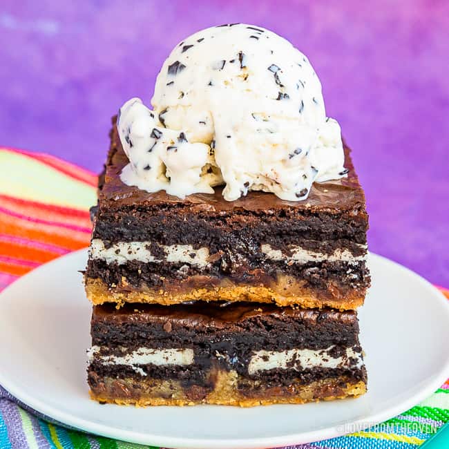 Brownies on a plate topped with ice cream