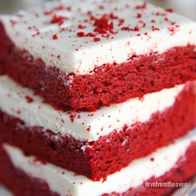 A stack of red velvet cookie bars