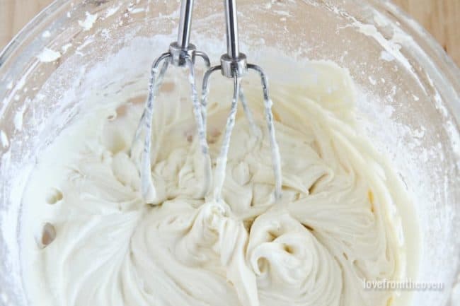 Cream cheese frosting in a bowl