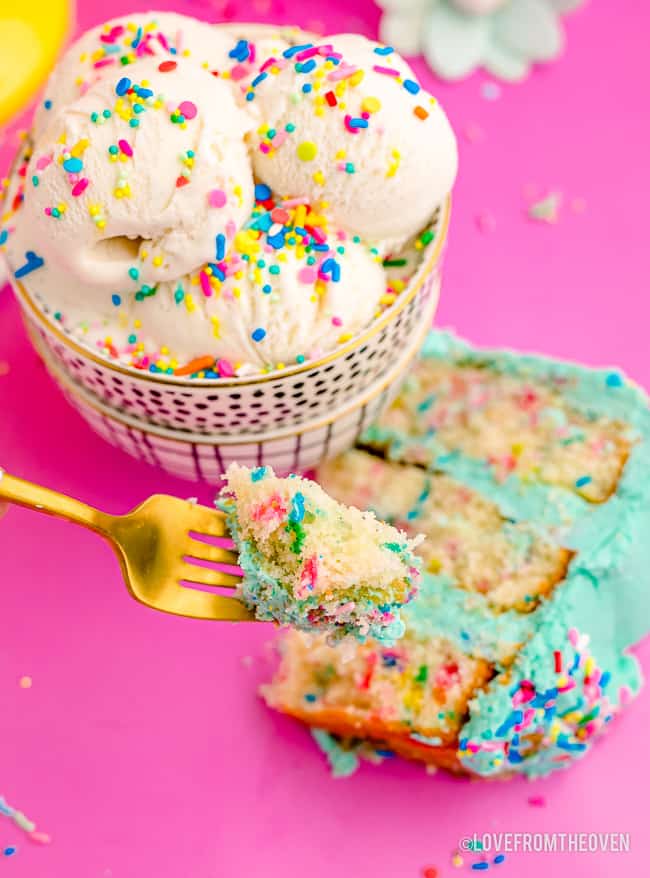 A fork full of funfetti cake