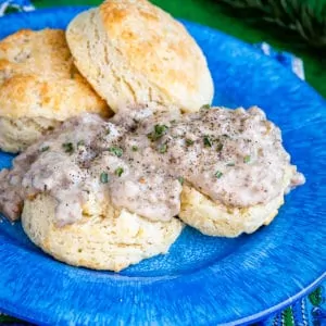 Food on a blue plate, with Gravy and Biscuit