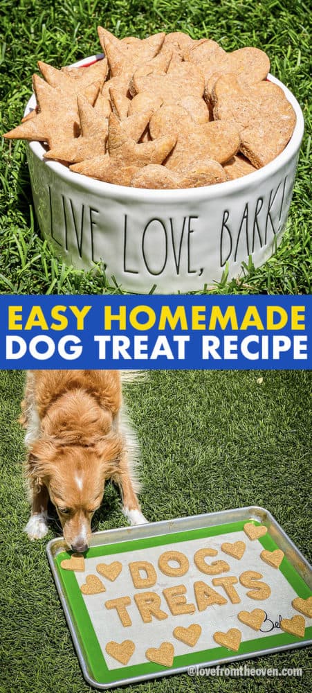 Homemade peanut butter dog treats in a bowl and next to a dog