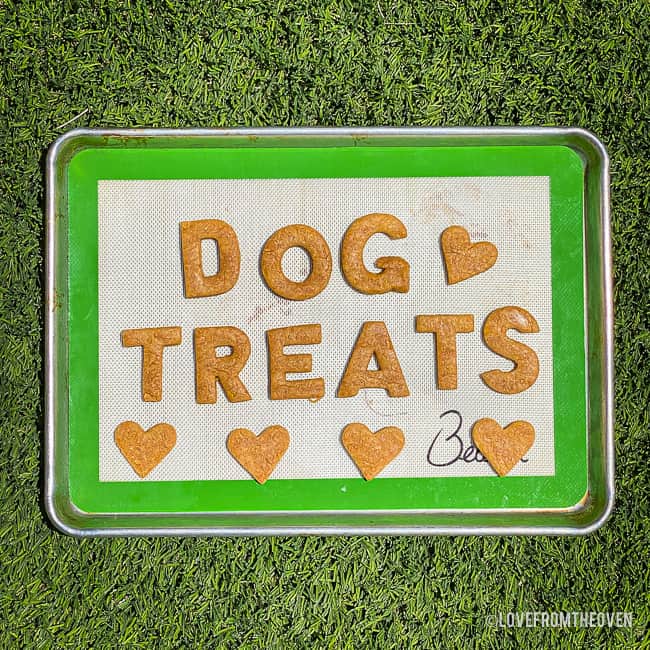 A cookie sheet with homemade dog treats