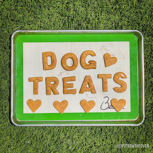 A cookie sheet with homemade dog treats