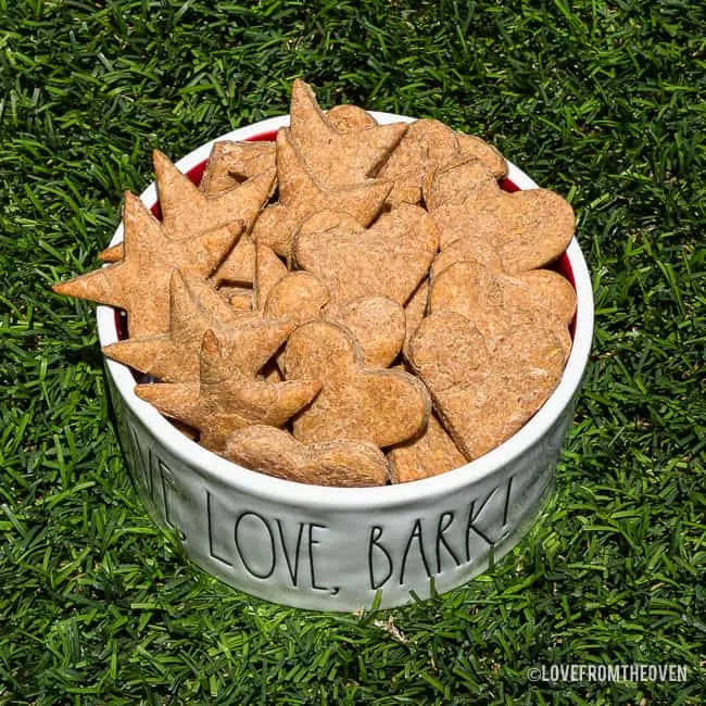 Bowl of peanut butter dog treats on grass