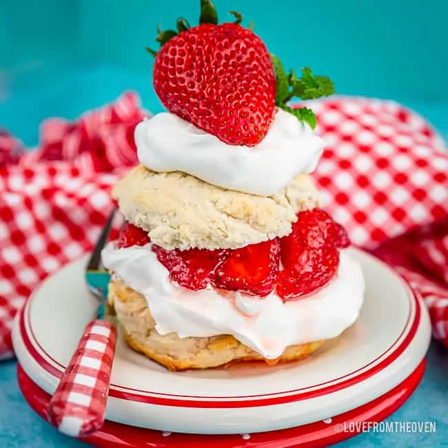 A serving of strawberry shortcake made with bisquick on a plate