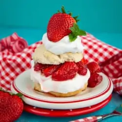 Bisquick Strawberry Shortcake on a blue background.