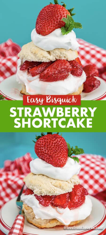 Servings of Bisquick Strawberry Shortcake with a blue backdround