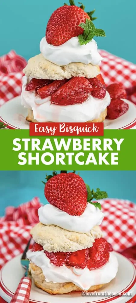 Servings of Bisquick Strawberry Shortcake with a blue backdround