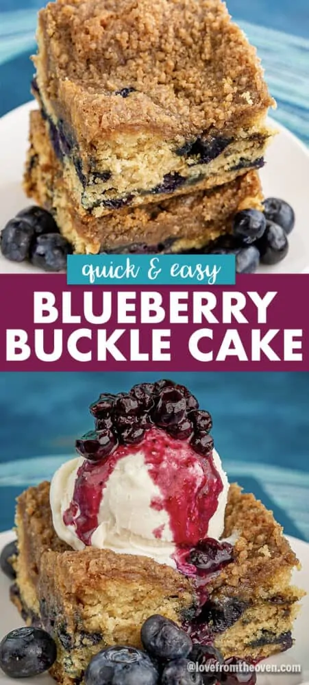 Slices of blueberry buckle cake, one with ice cream and blueberry topping