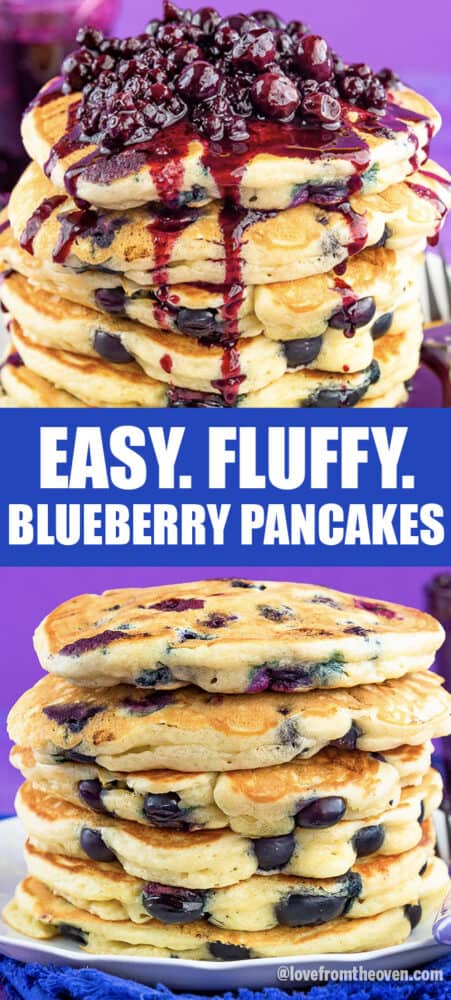 Photos of blueberry pancakes in stacks
