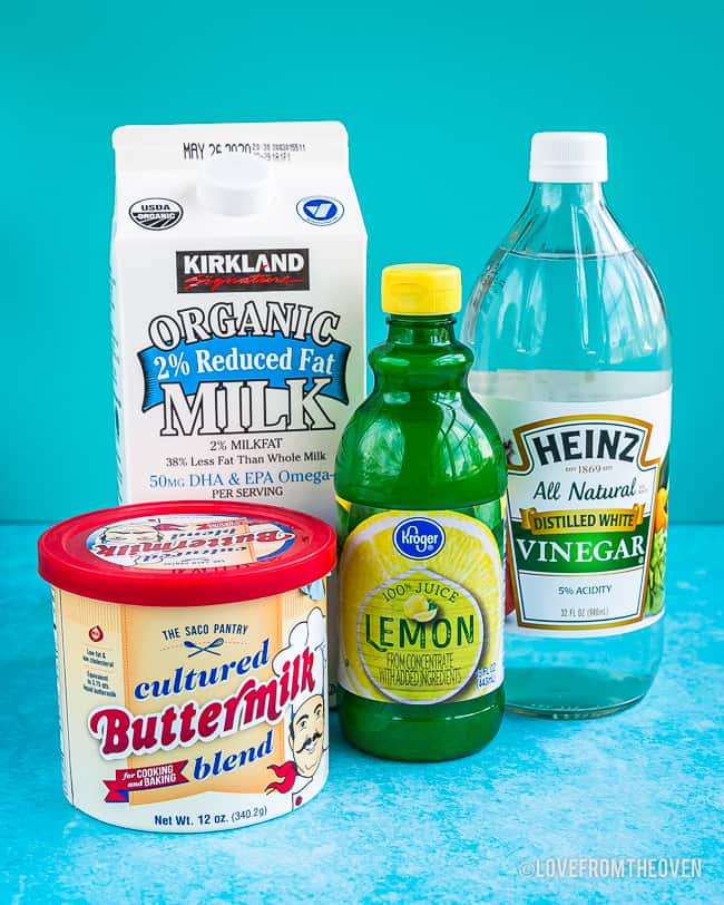 Buttermilk substitutes including lemon juice, vinegar, milk and buttermilk powder