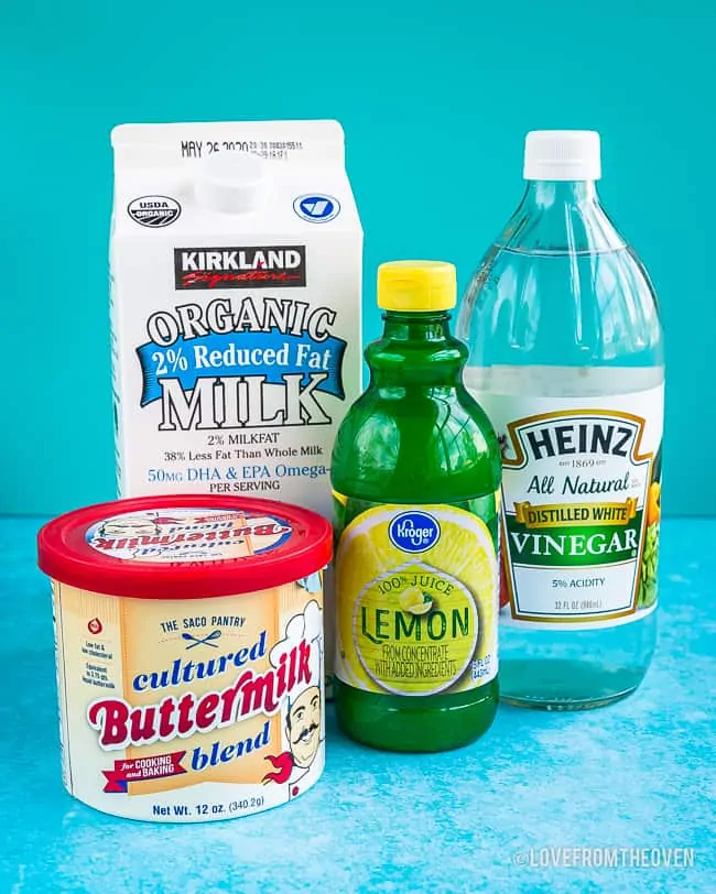 Buttermilk substitutes including lemon juice, vinegar, milk and buttermilk powder