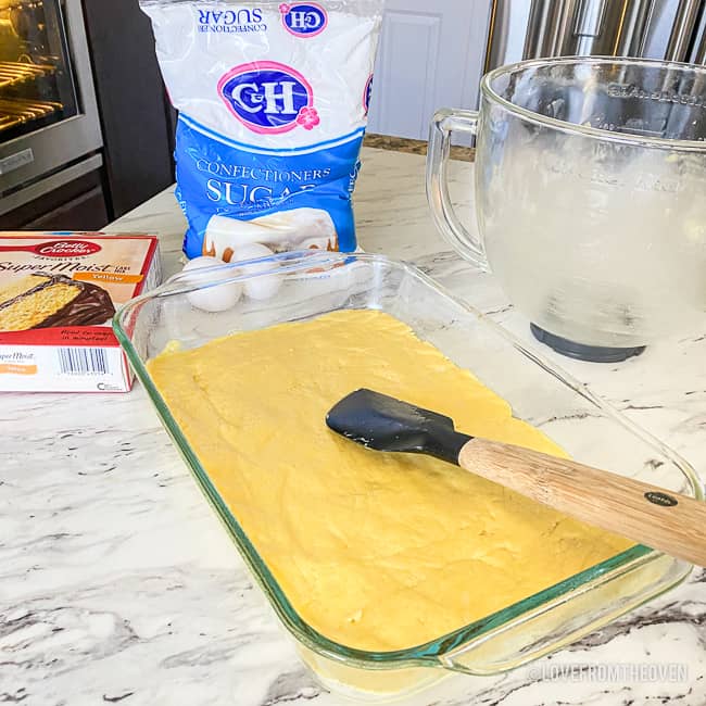 A pan full of Ooey Gooey Butter Cake batter 