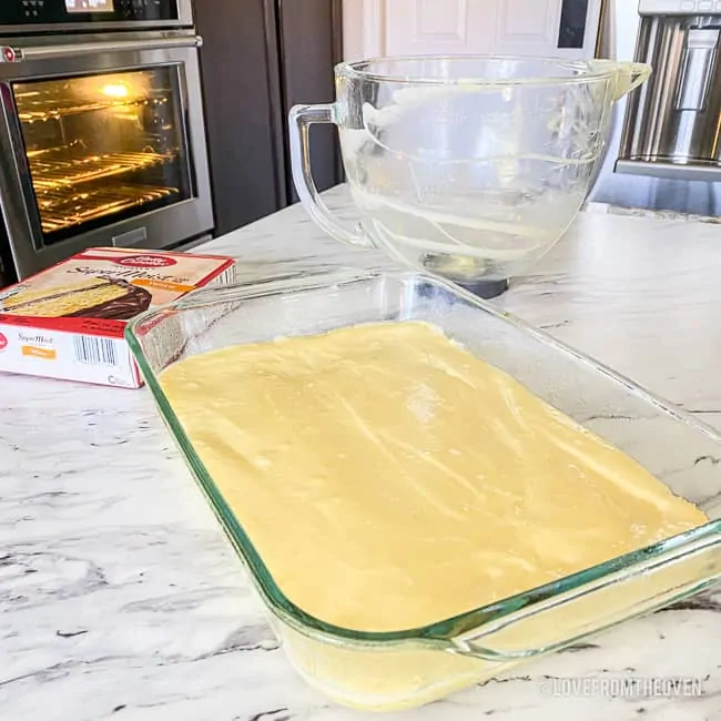 A pan of Gooey Butter Cake ready to go into the oven